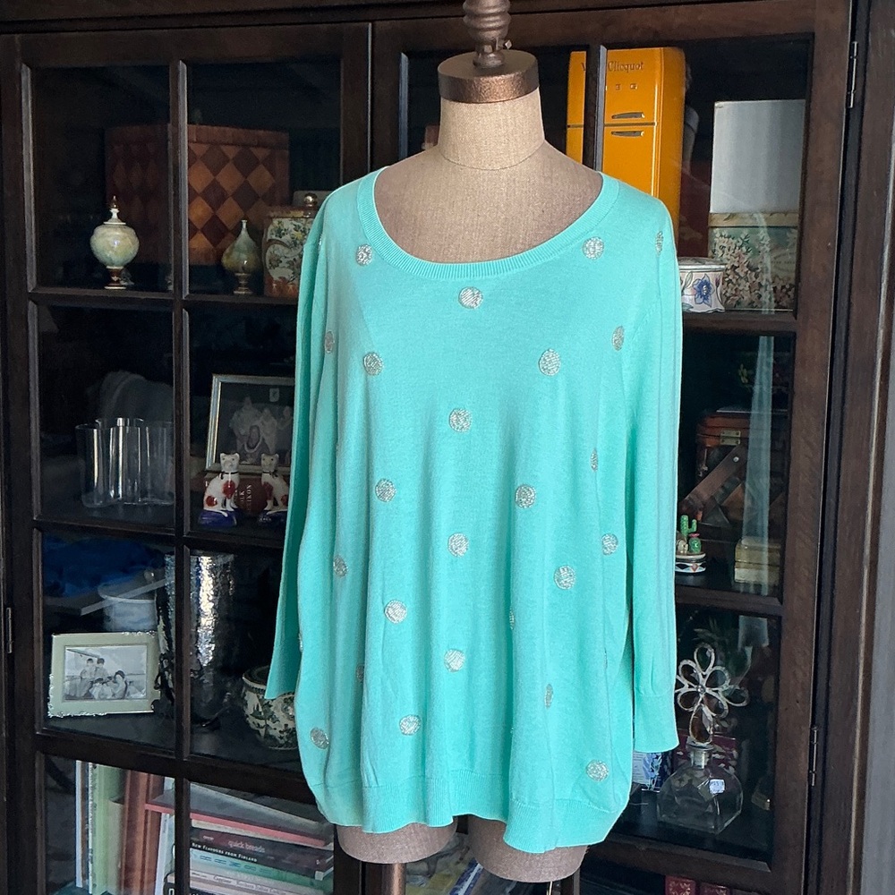 Talbots Mint Green Beaded Polka Dot Sweater, Size 2x